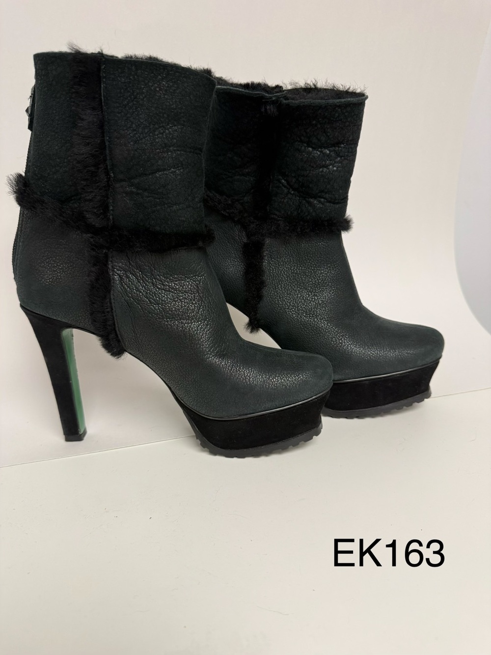 Lisa for Donald J Pliner Black Fur Platform Stiletto Boots 7.5M Y2K